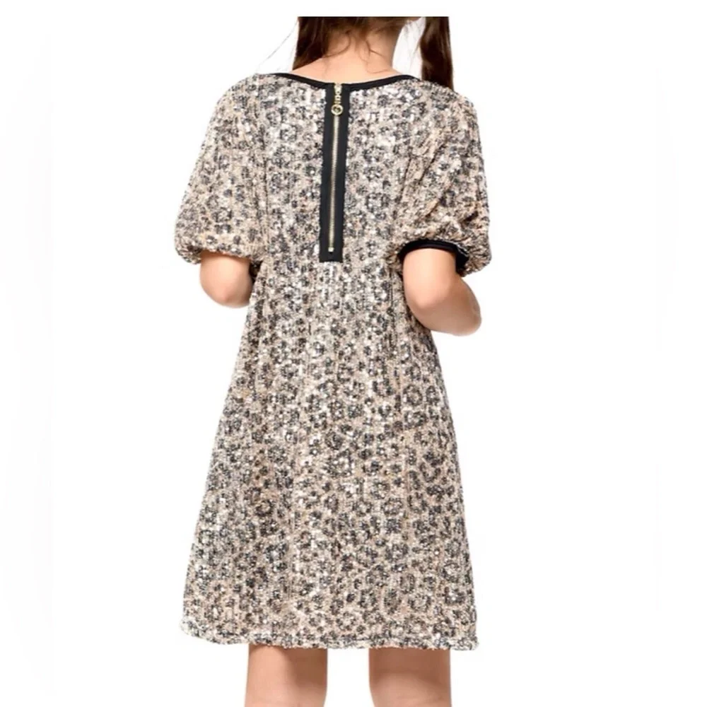 NWOT Hannah Banana Girls 14 Leopard Sequin Puff Sleeve Dress